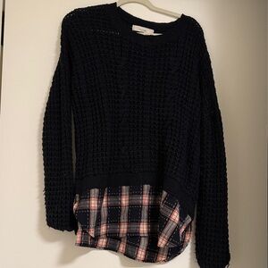 Black Knit Sweater with Plaid Hem - Women's Layered Pullover
